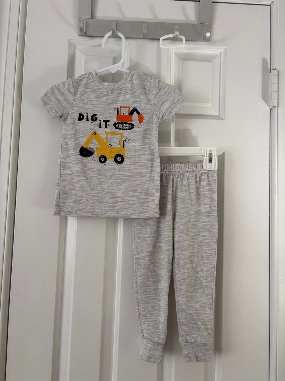 Tahari Grey Pajama Set with Yellow & Orange Truck Graphics